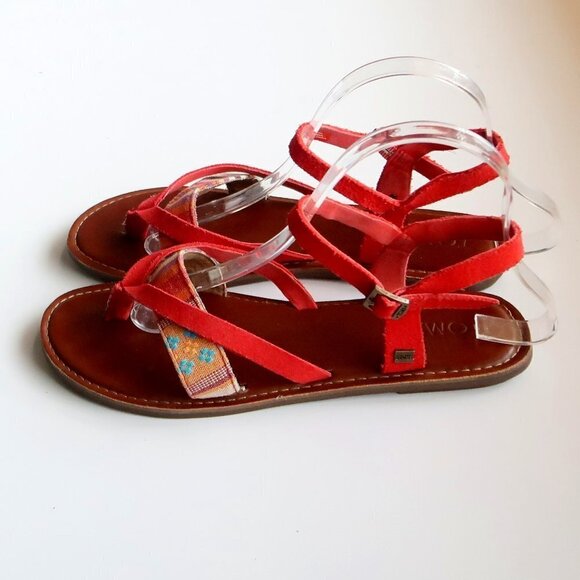 Toms Lexie Red Suede Leather & Canvas Strappy Slingback Thong Flat Sandals 8.5 W - Picture 11 of 16